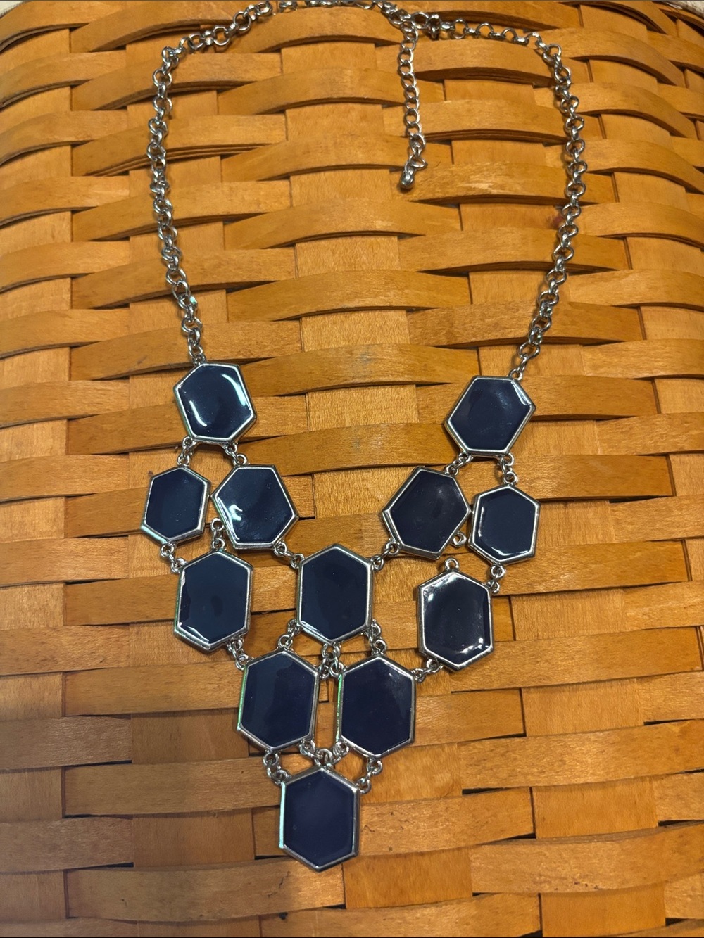 Classic Chunky Dark Blue Geometric Silver Tone Statement Necklace